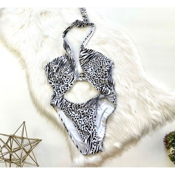 NWT Womens Xhiliration Zebra Animal Print Cutout Swimsuit Bathing Suit - Sz L - Picture 4 of 4